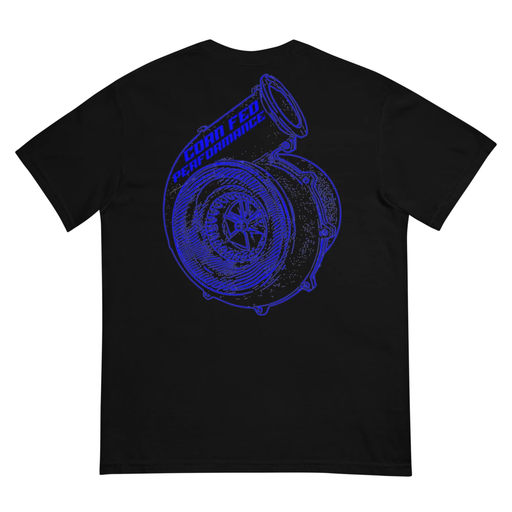 Men's black shirt with blue CORN FED design