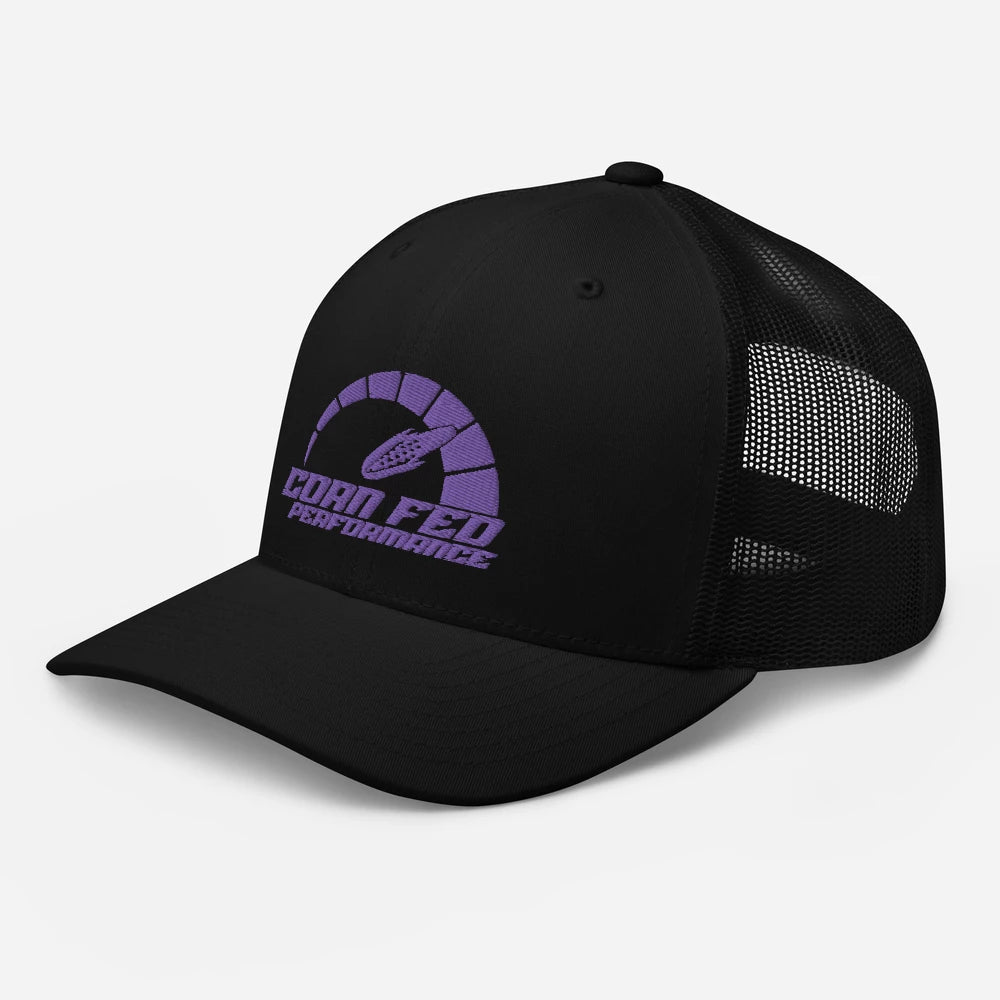 Black snap back or Flexfit with purple Corn Fed print