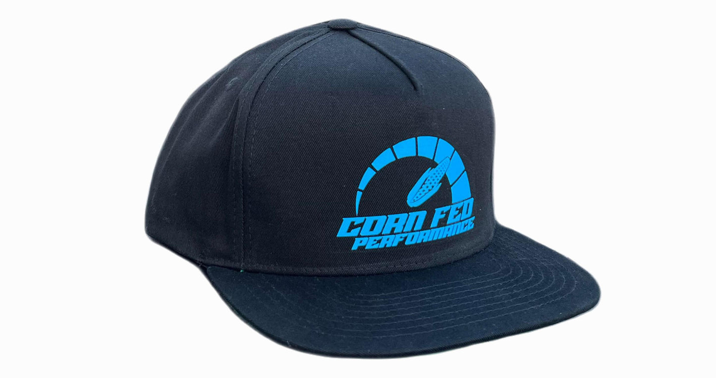 Black flat bill snapback Corn Fed Performance hat with blue print