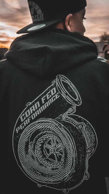 Men and women's black pullover hoodie with Original CF print