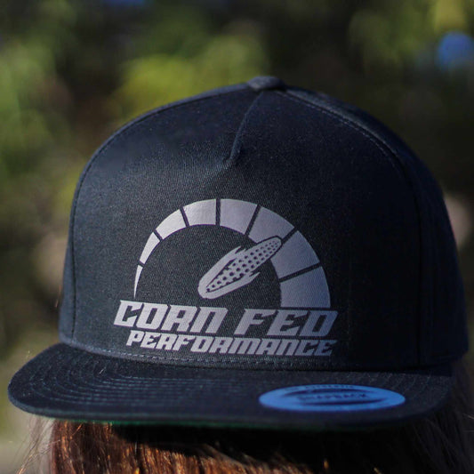 Black Corn Fed snapback hat with grey print and flat bill