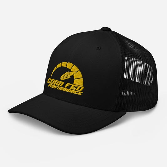 Black snapback with yellow Corn Fed print