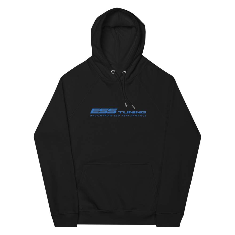 Men and Women's Black ESS Pullover Hoodie Blue decal