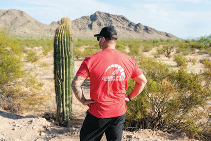 Men and women's unisex red T-shirt with grey print