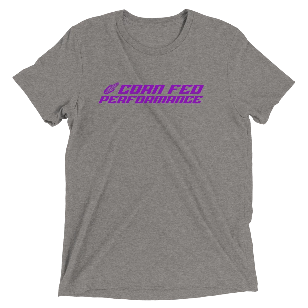 Women's Light heather grey shirt with purple Corn Fed print