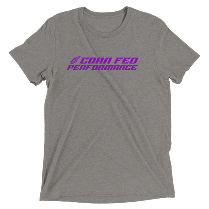 Women's Light heather grey shirt with purple Corn Fed print