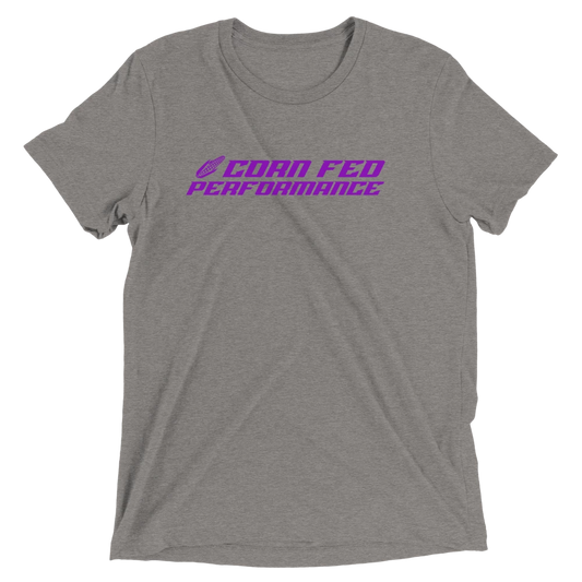 Women's Light heather grey shirt with purple Corn Fed print