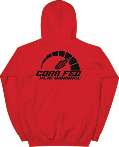 Corn Fed performance hoodie in Red with black CF print