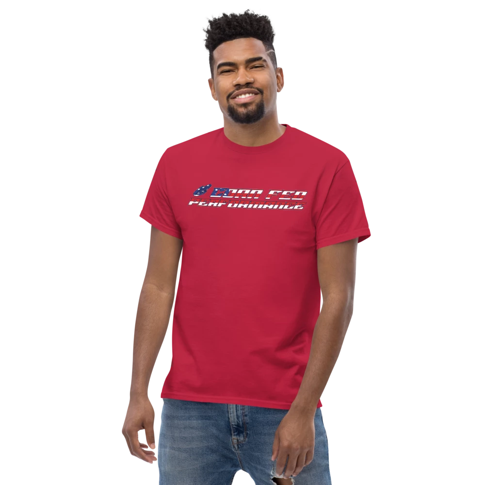 Red T-shirt with American flag  Corn Fed overlay