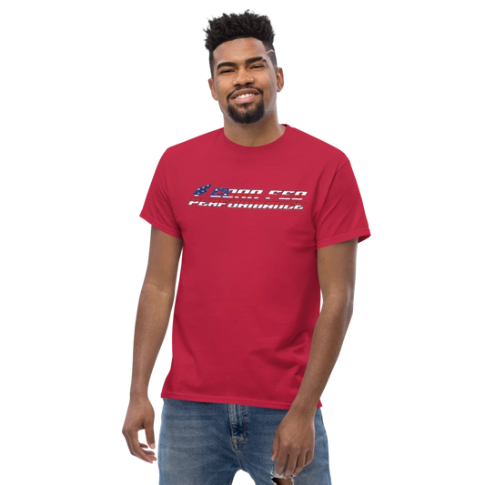 Red T-shirt with American flag  Corn Fed overlay