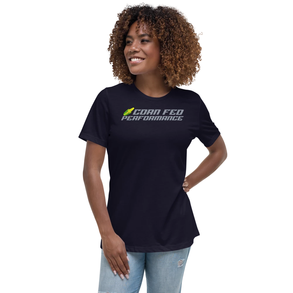 Women's short sleeve Corn Fed Performance shirt with grey OG CF print