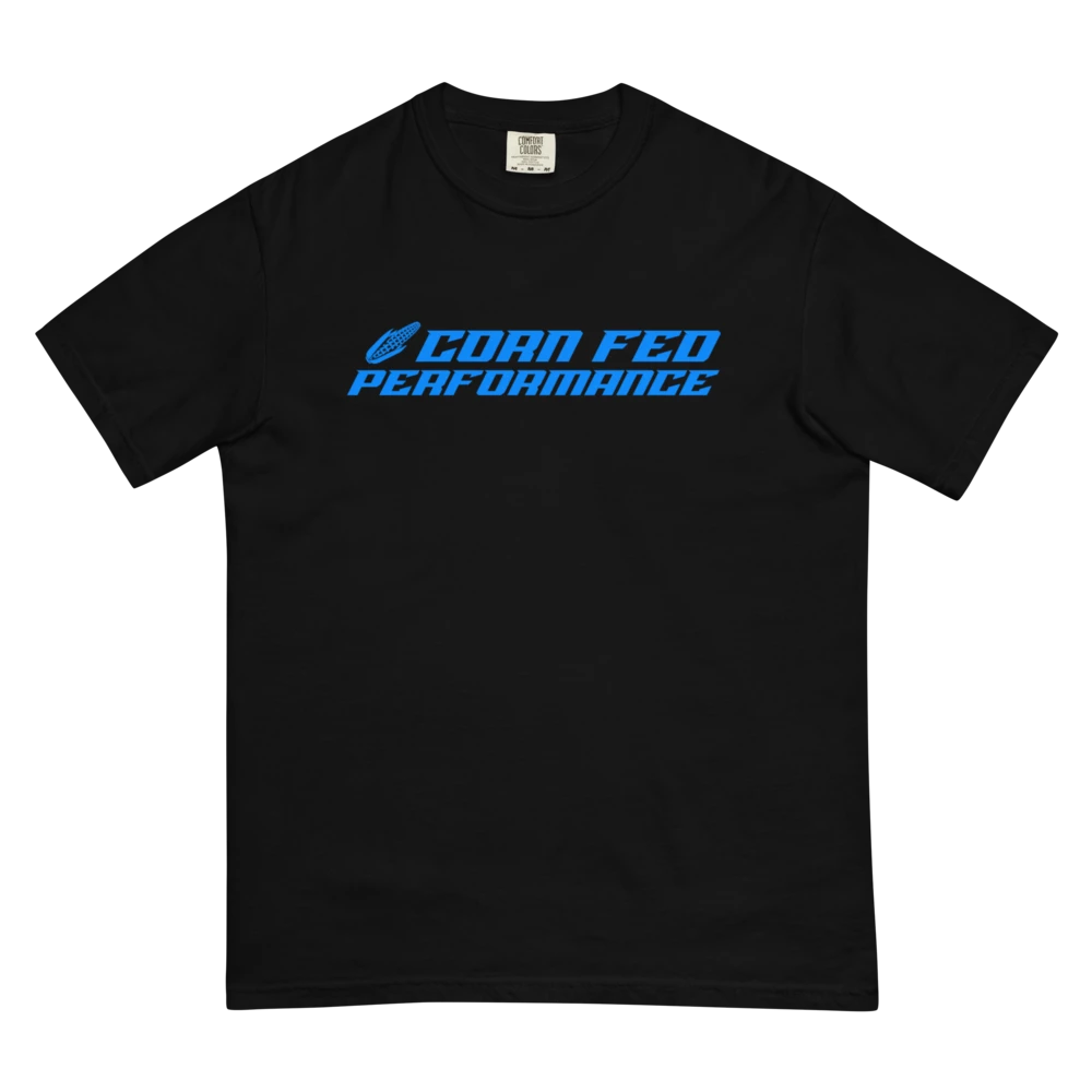 Men's black shirt with blue CORN FED design