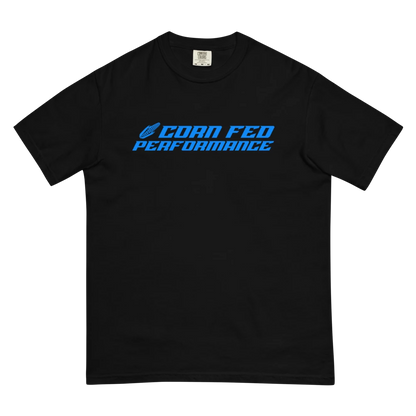 Men's black shirt with blue CORN FED design