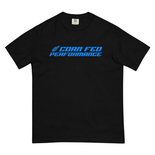 Men's black shirt with blue CORN FED design