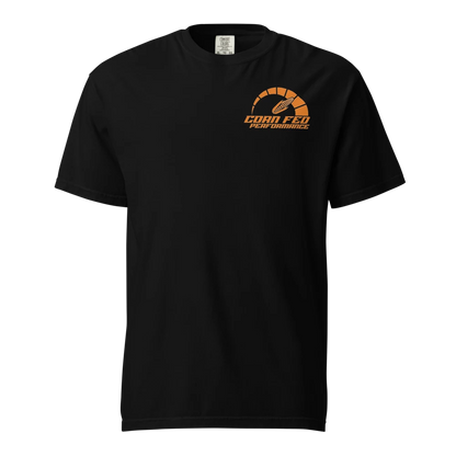 Men and women's balck unisex shirt with orange small Corn Fed logo