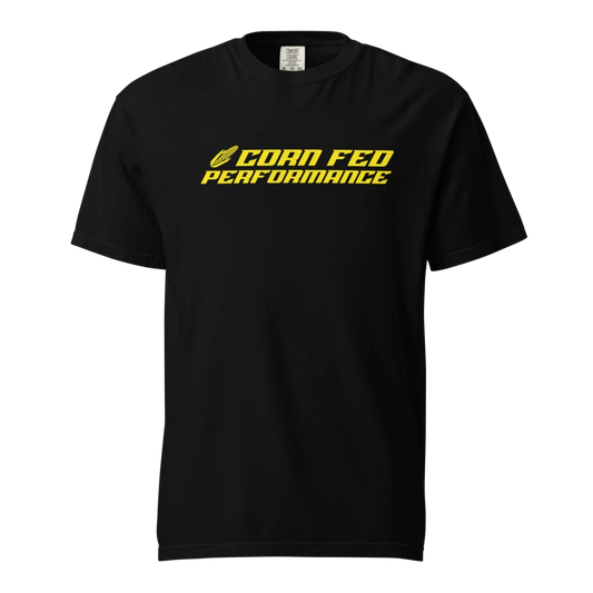 Men and women's black shirt with yellow Corn Fed