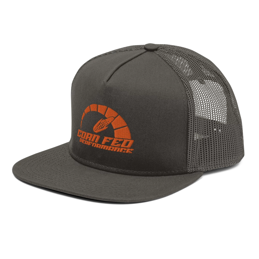 Black flat bill snapback with orange print