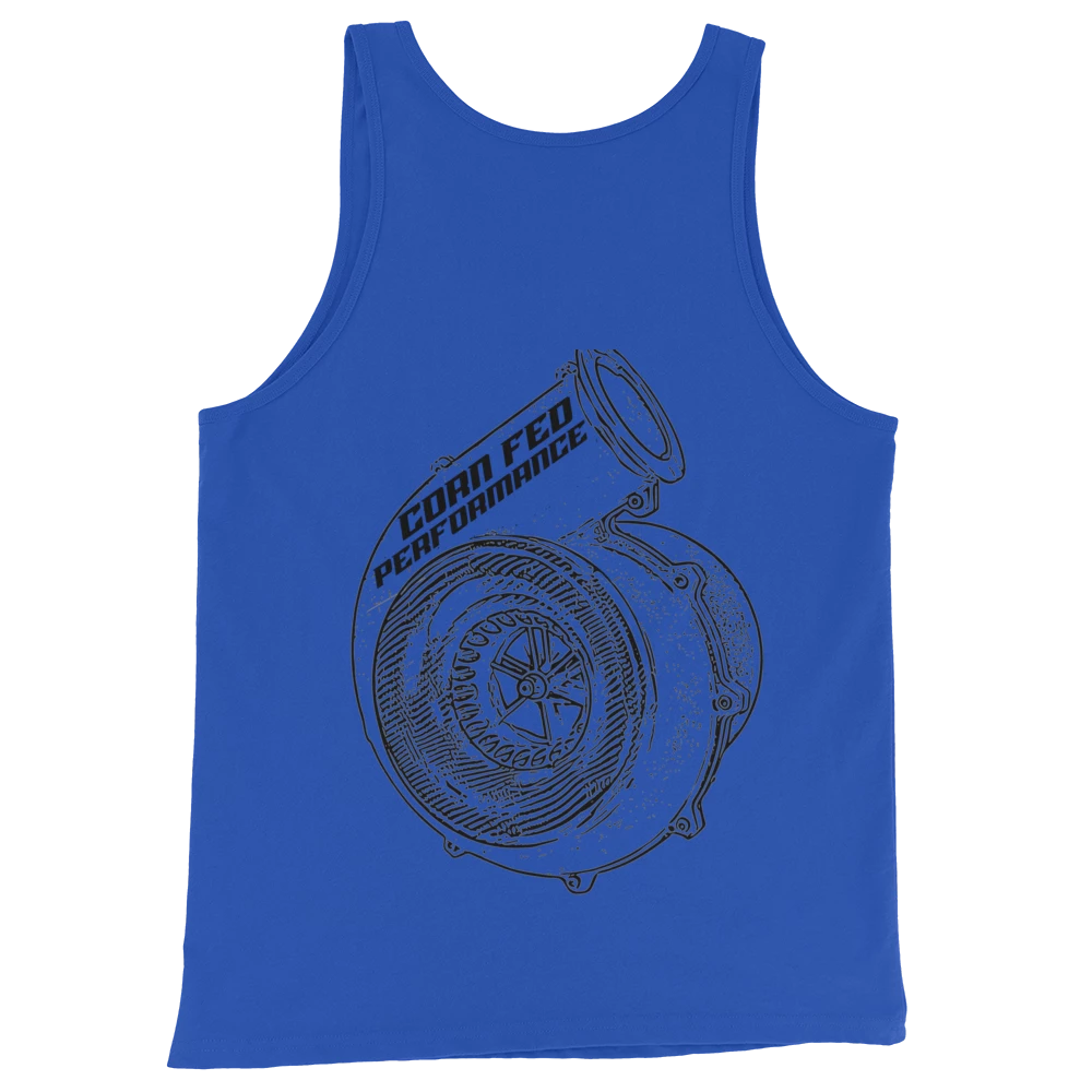 Men's blue tank top with black print