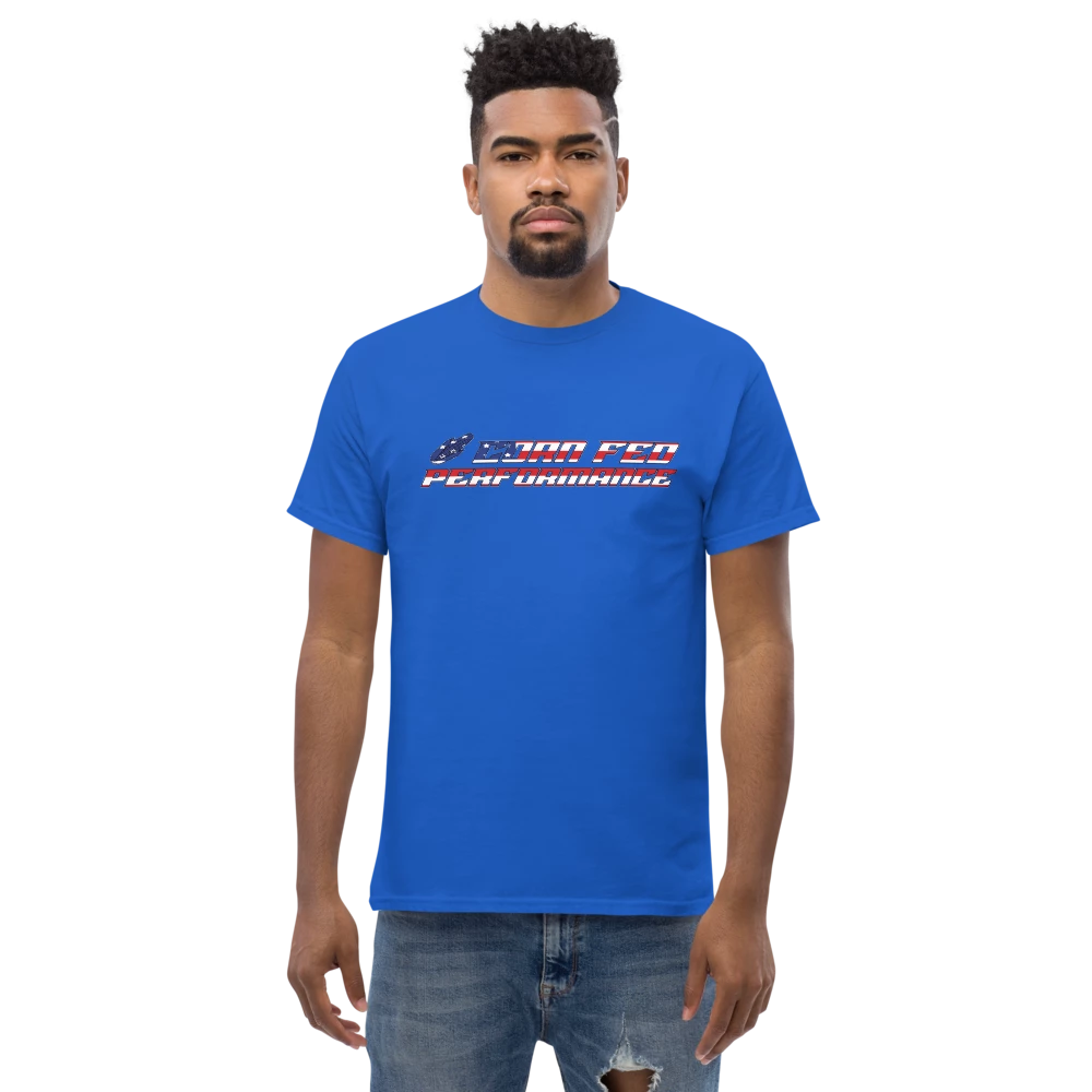 Blue shirt with American flag Corn Fed overlay