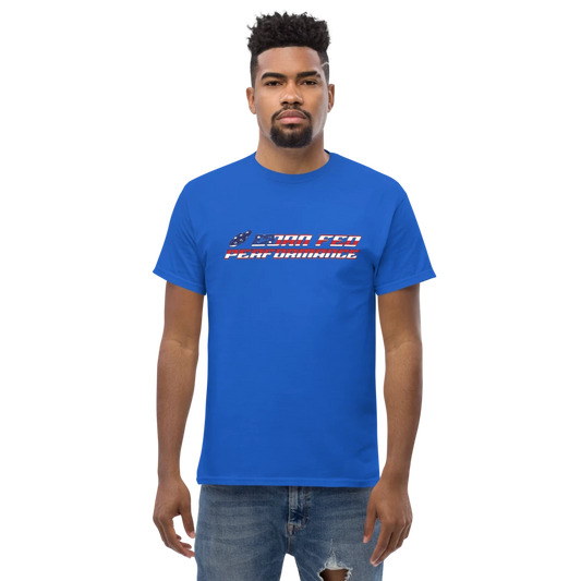 Blue shirt with American flag Corn Fed overlay