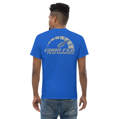 Men's short sleeve Blue Corn Fed Performance shirt with grey print