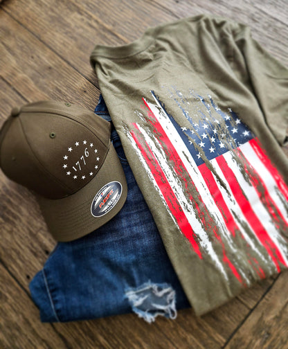 OD Green t-shirt and OD Green flexfit hat