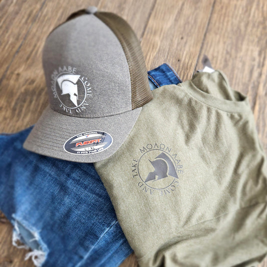 Molon Labe OD green t-shirt with OD green flexfit hat.