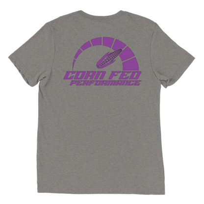 Women's Light heather grey shirt with purple Corn Fed print