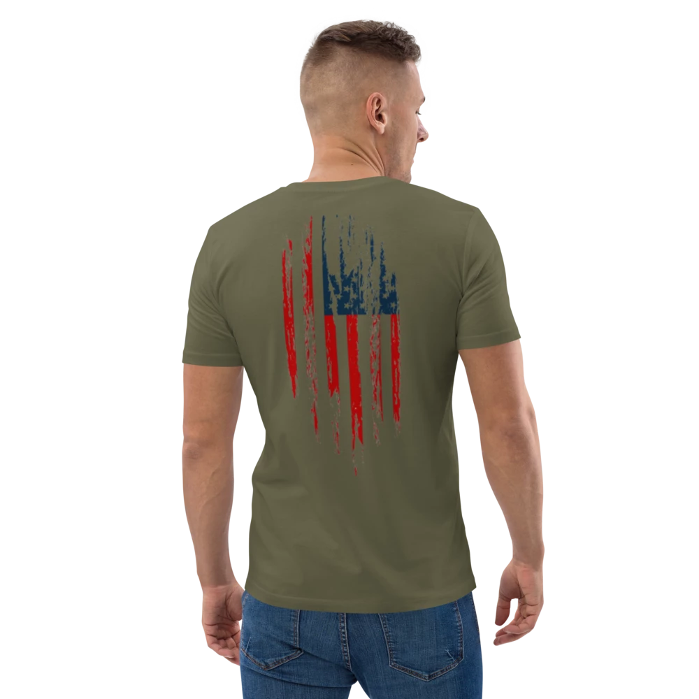 OD shirt for men and women with American flag overlay and distressed flag on back