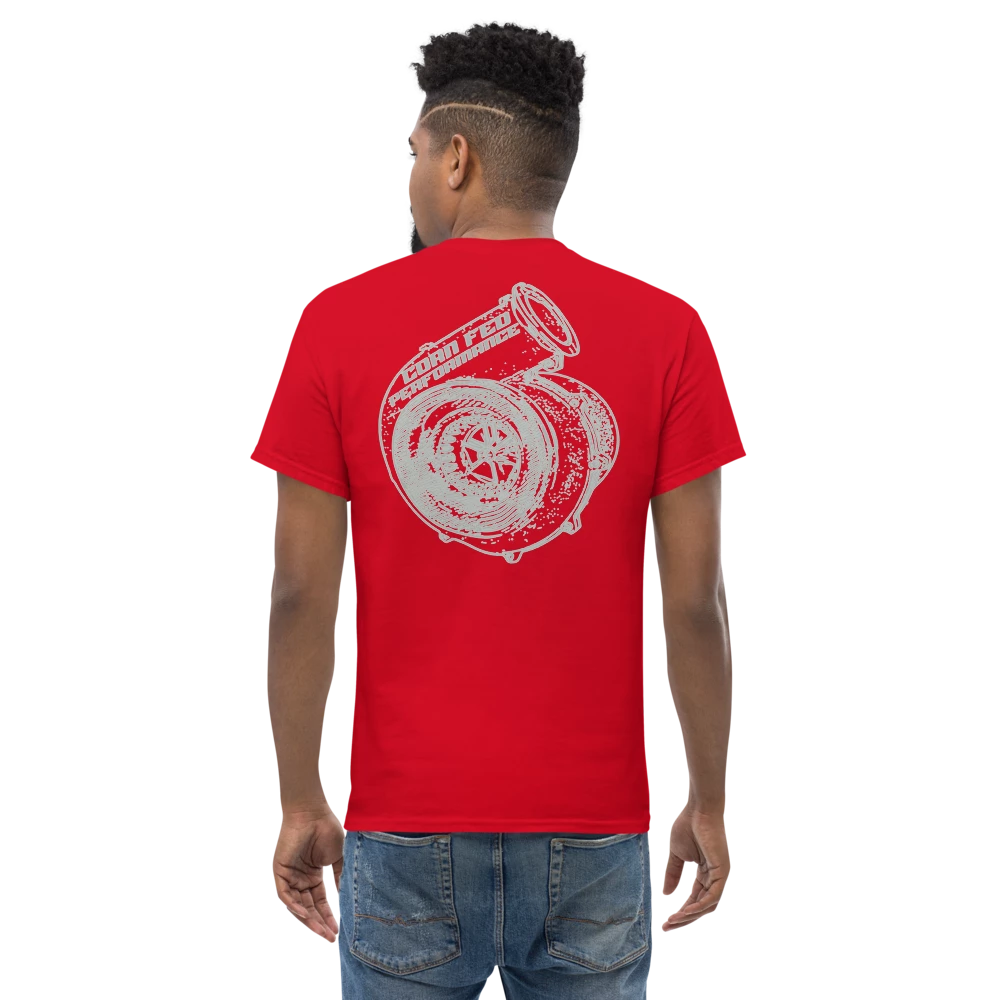 Men and women's red unisex shirt with grey OG Corn Fed logo