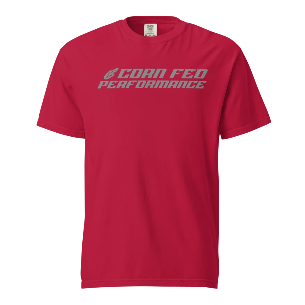 Men and women's unisex red T-shirt with grey print