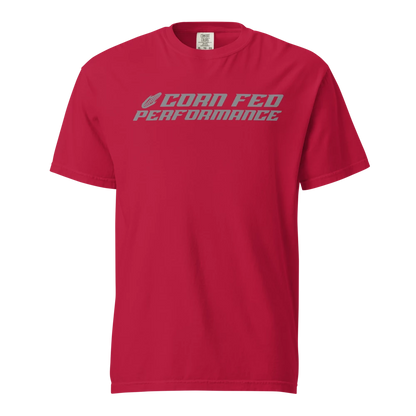 Men and women's unisex red T-shirt with grey print