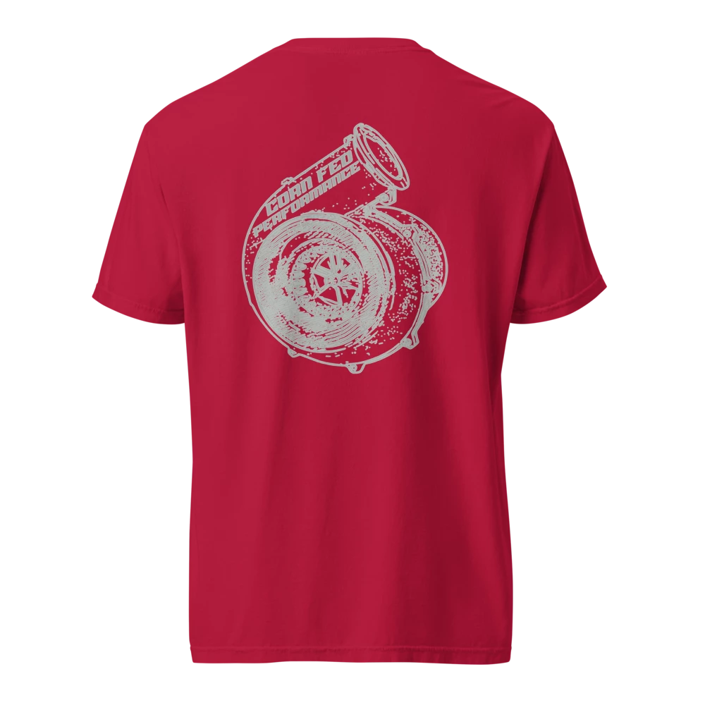 Men and women's unisex red T-shirt with grey print