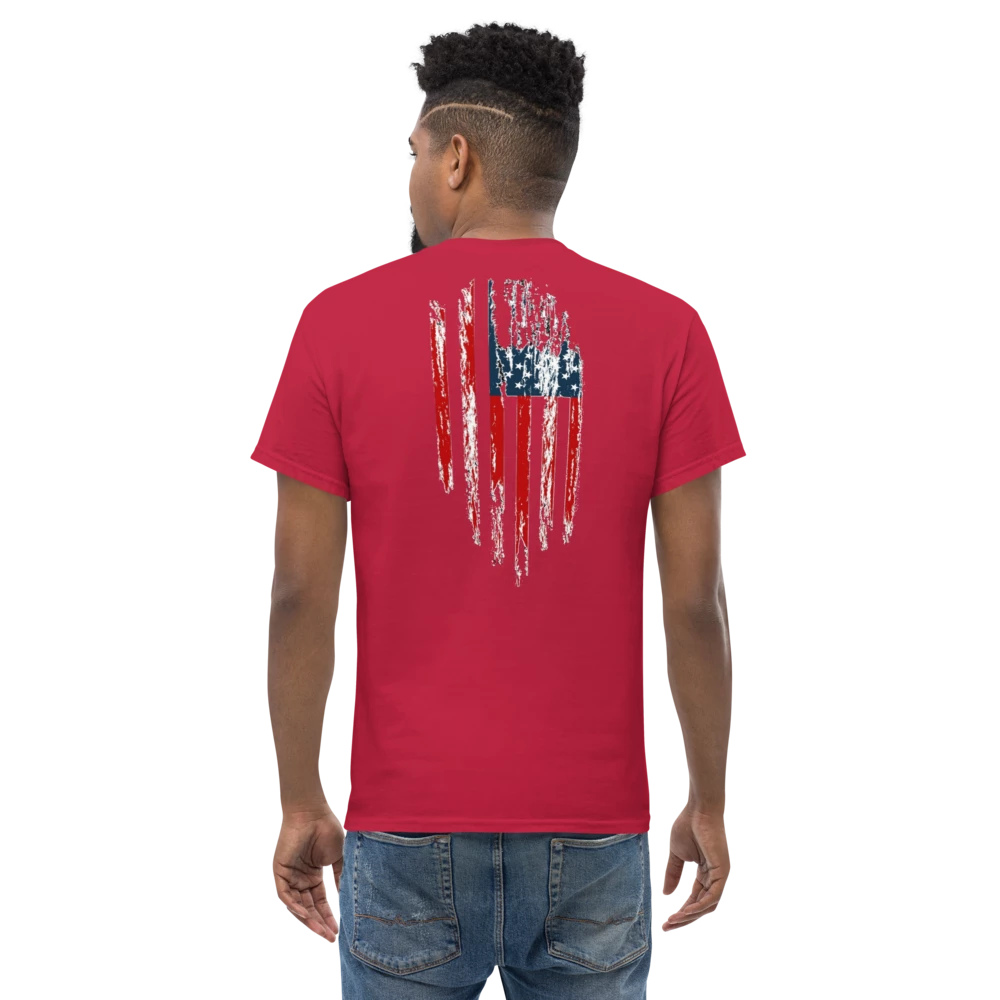 Red T-shirt with American flag  Corn Fed overlay