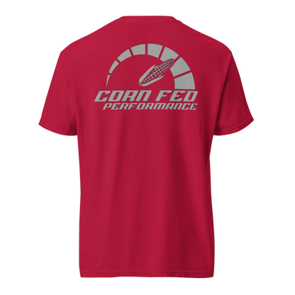 Men and women's red unisex shirt with grey OG Corn Fed logo