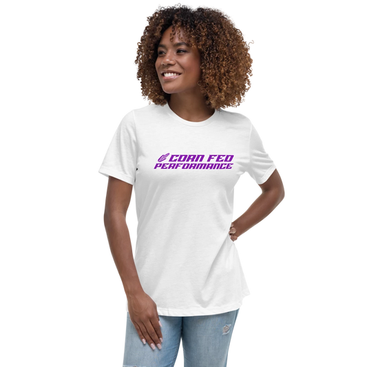 Women's white shirt with purple Corn Fed print