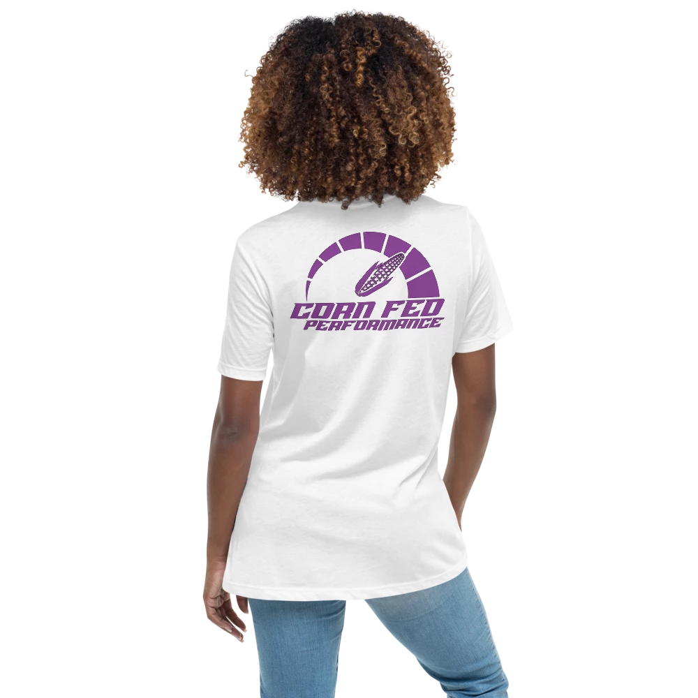 Women's white shirt with purple Corn Fed print