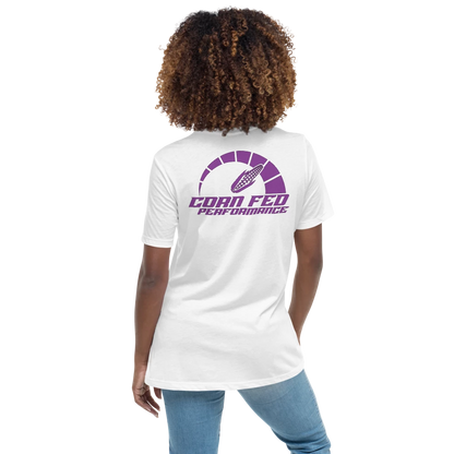 Women's white shirt with purple Corn Fed print